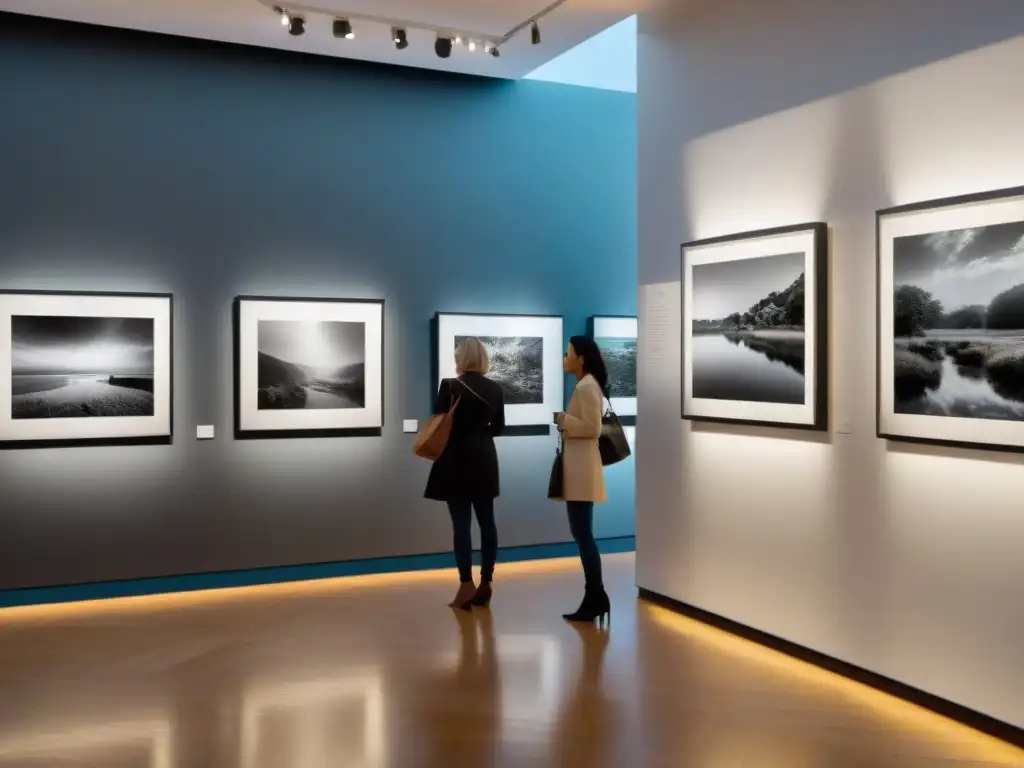 Una exposición de fotografía en blanco y negro en una galería de arte contemporáneo, iluminada con suave luz ambiental