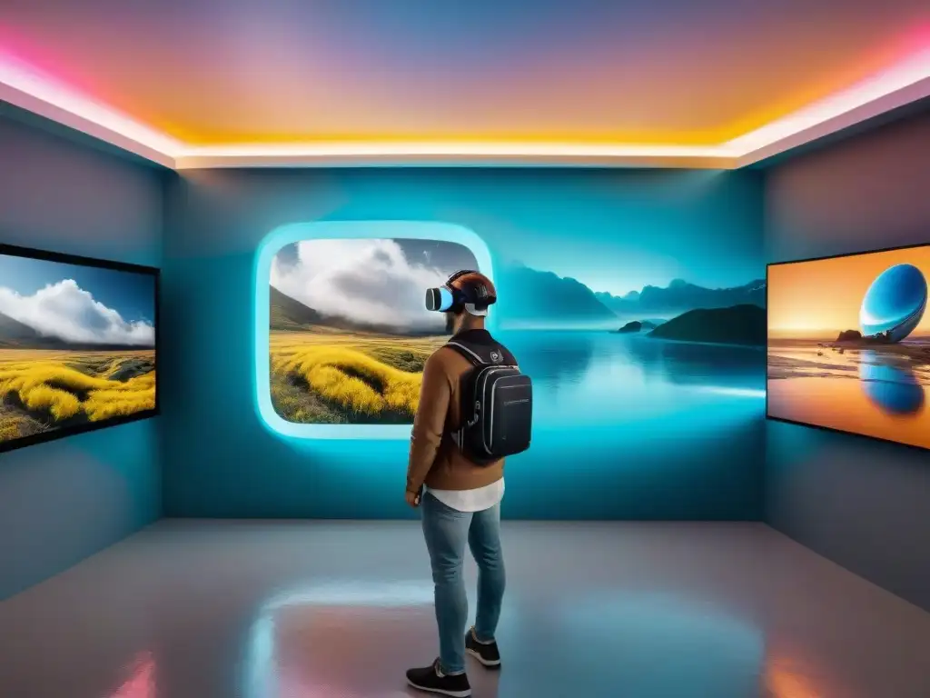 Exposiciones virtuales arte IA Uruguay: Futurista exhibición de arte digital con VR y obras AI en ambiente vibrante