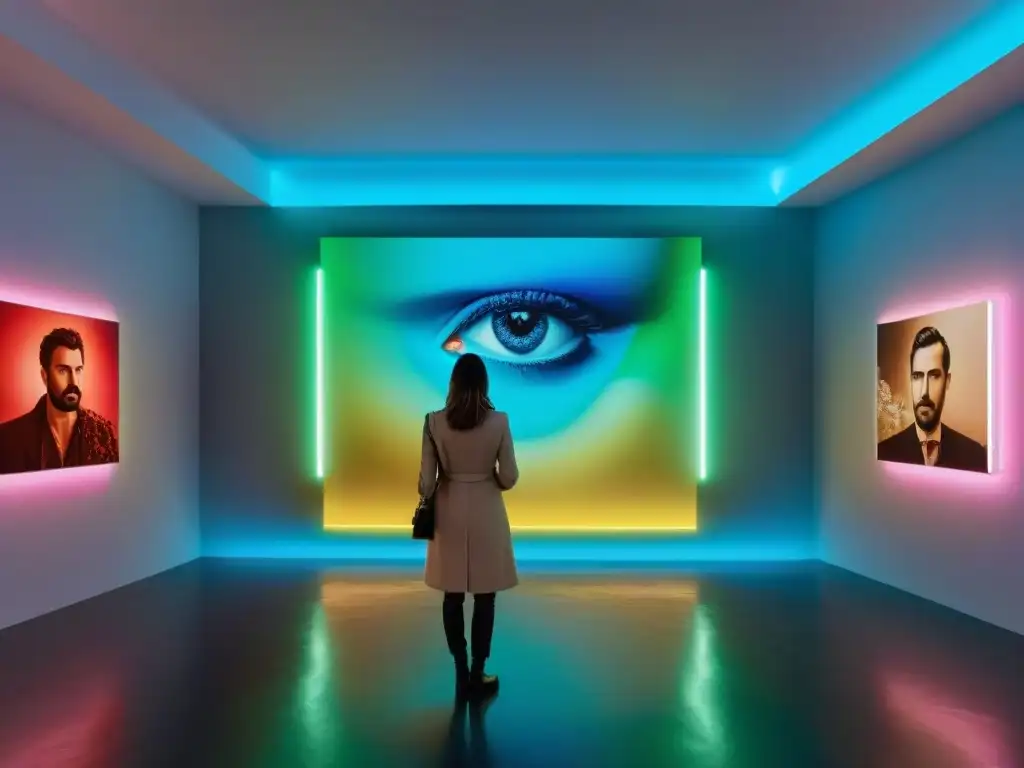 Exposiciones virtuales arte Uruguay: exhibición digital en galería futurista con obras vibrantes y esculturas vanguardistas