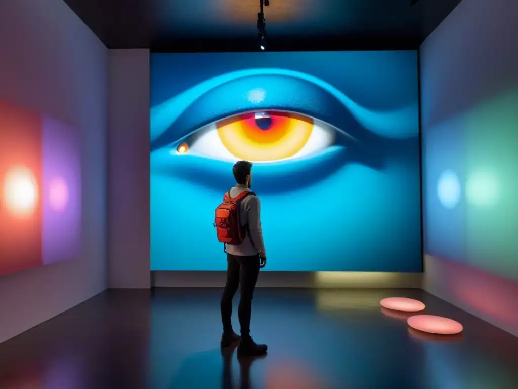 Fascinante instalación artística uruguaya con tecnología innovadora y colores vibrantes en galería iluminada