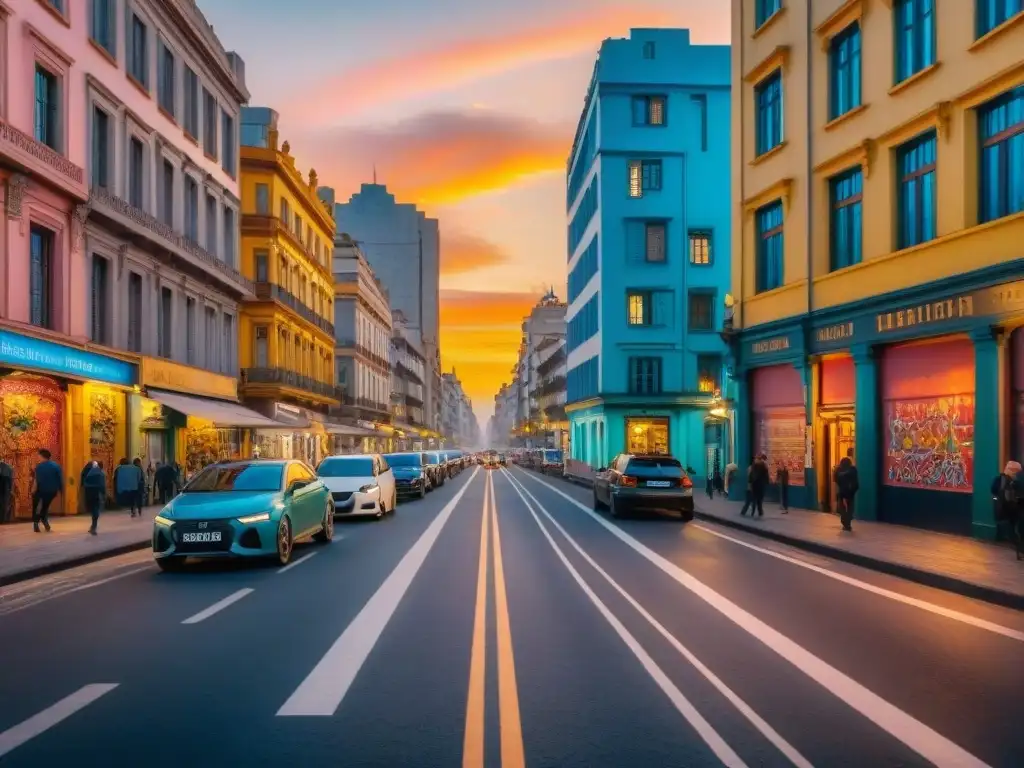 Fascinante paisaje urbano en Montevideo al atardecer, reflejando el arte contemporáneo en Uruguay