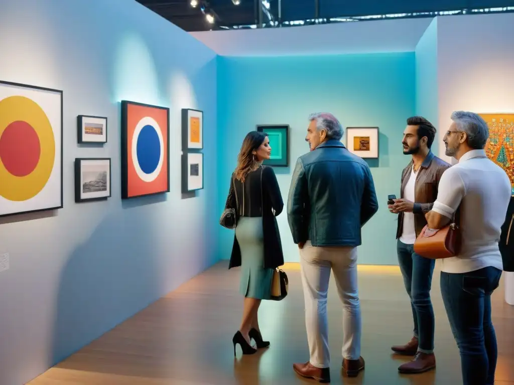 Una feria de arte contemporáneo en Uruguay, con diversidad de personas interactuando con obras coloridas y vanguardistas