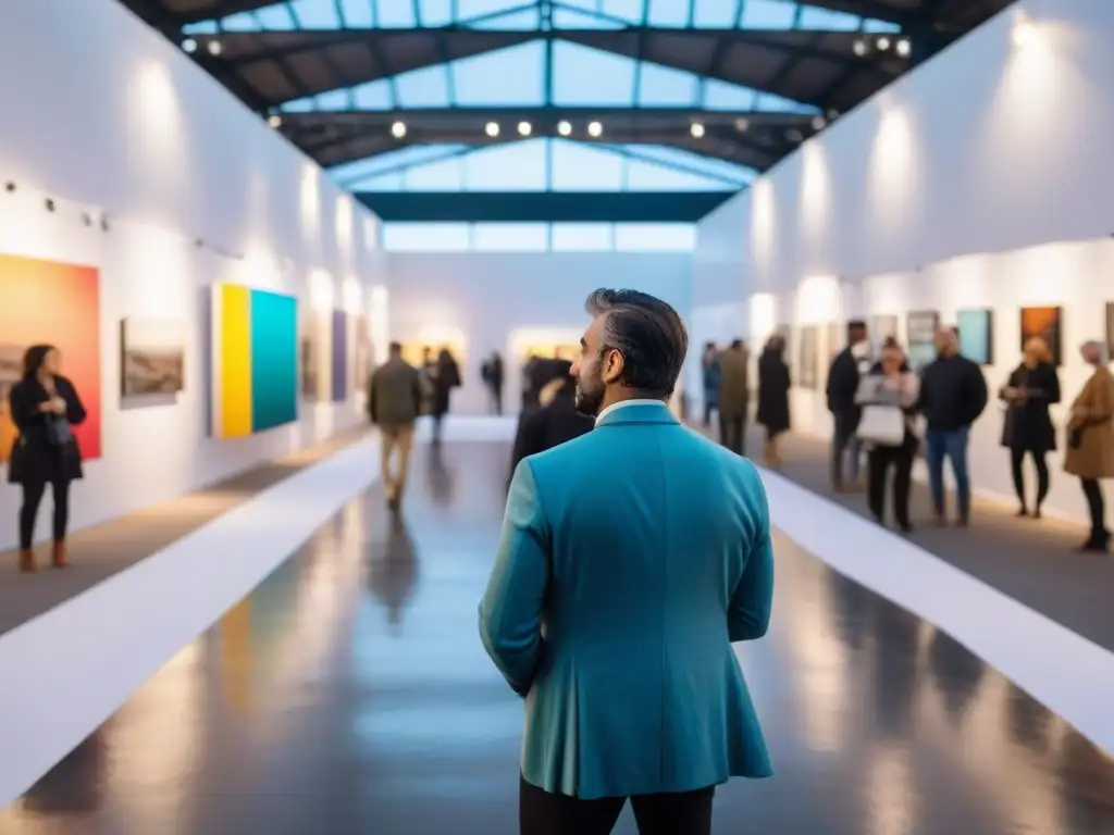 Ferias de arte contemporáneo en Uruguay, vibrante escena con obras coloridas y esculturas, visitantes y artistas interactuando