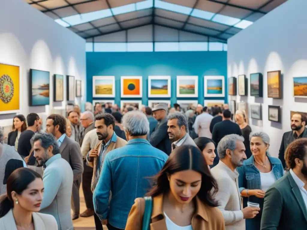 Ferias de arte uruguayas internacionales: Una animada feria de arte en Uruguay con obras contemporáneas vibrantes y asistentes diversos