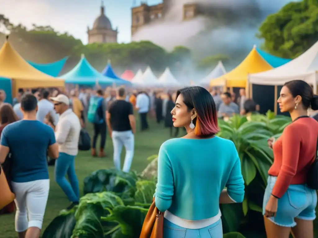 Festival de arte contemporáneo en Uruguay con instalaciones coloridas y gente diversa disfrutando de la creatividad y la comunidad