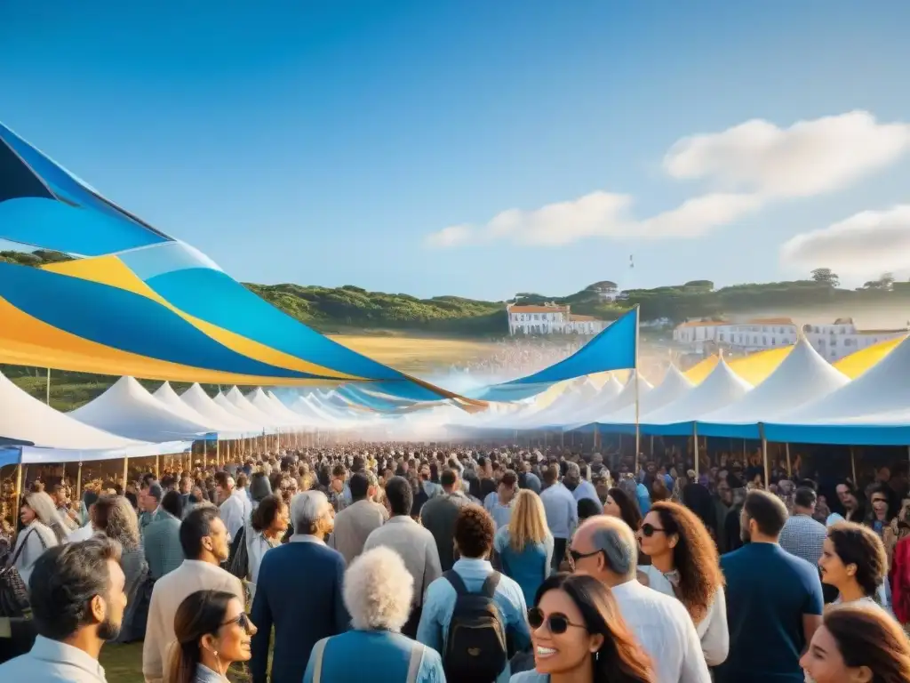 Festival de arte contemporáneo en Uruguay con murales vibrantes, instalaciones interactivas y actuaciones en vivo, bajo un cielo azul