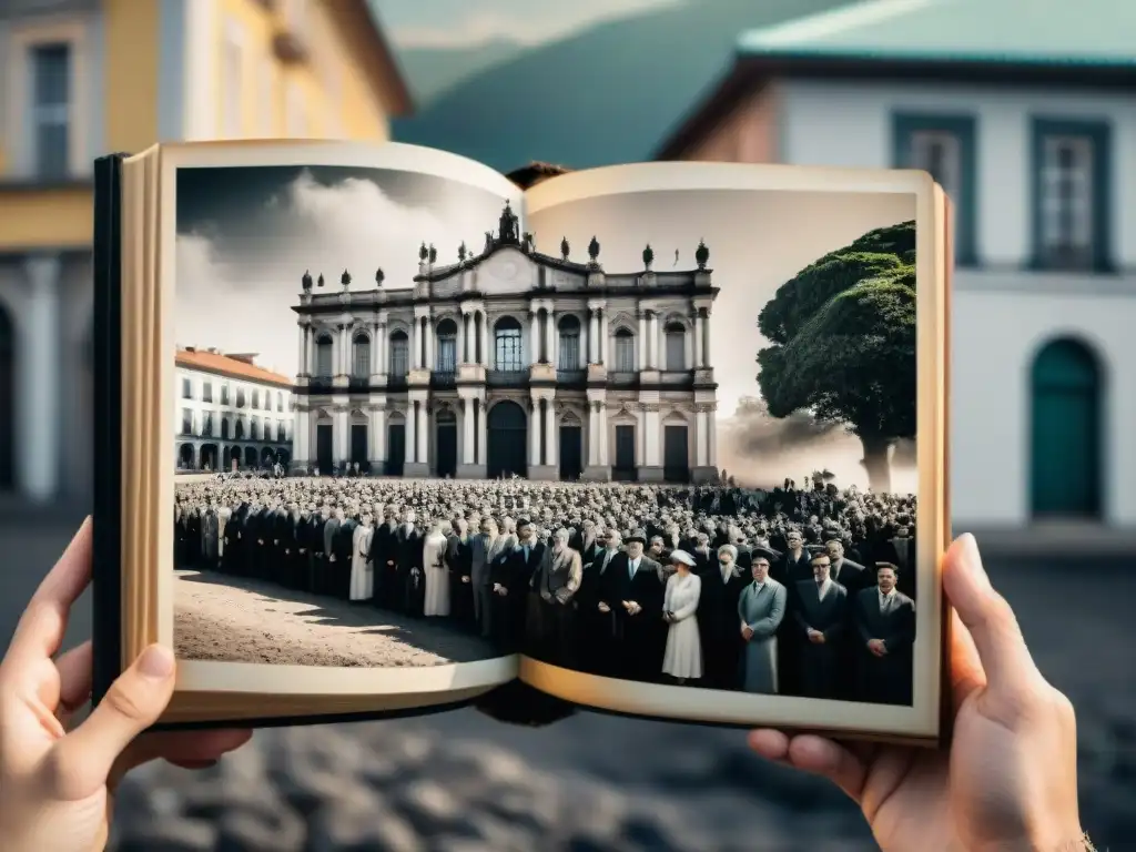 Una foto antigua en un álbum, grupo frente a edificio histórico en Uruguay