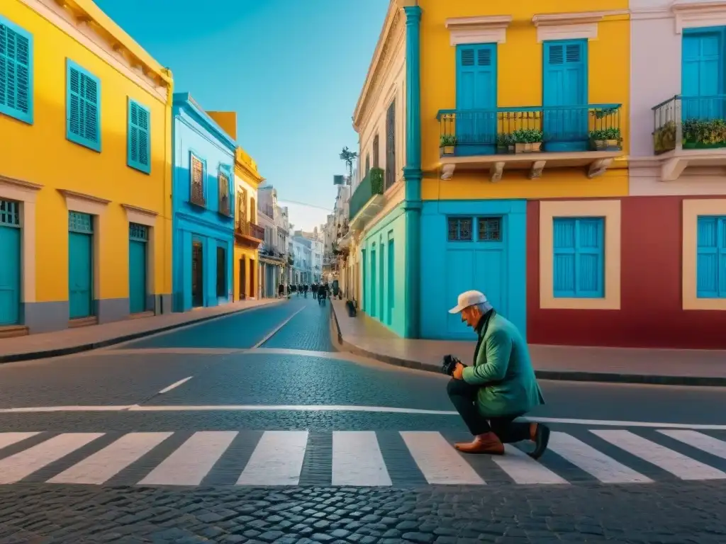 Fotógrafo capturando escena callejera vibrante en Montevideo, Uruguay