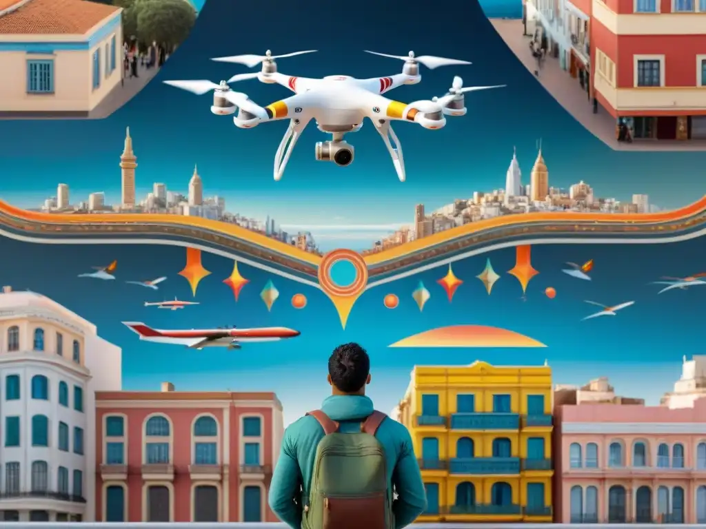 Futurista ciudad de Montevideo con drones creando arte en el cielo, fusionando IA y cultura uruguaya