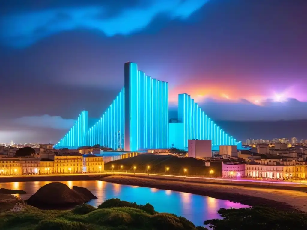 Futurista ciudad de Uruguay de noche, con luces neón y proyecciones digitales