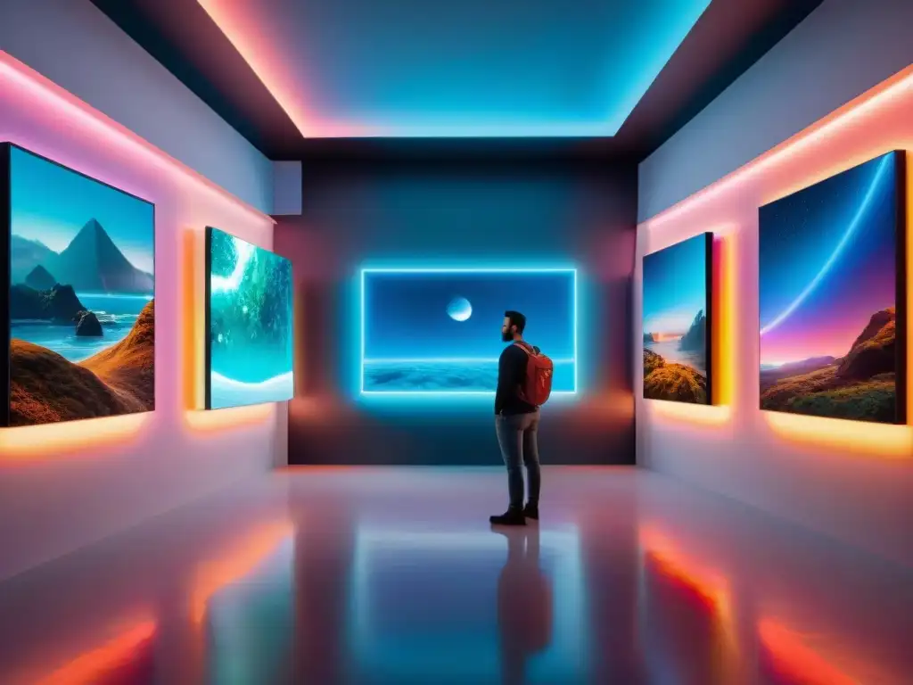 Explora la galería futurista llena de NFTs arte digital Uruguay, con obras únicas y brillantes en una atmósfera de innovación