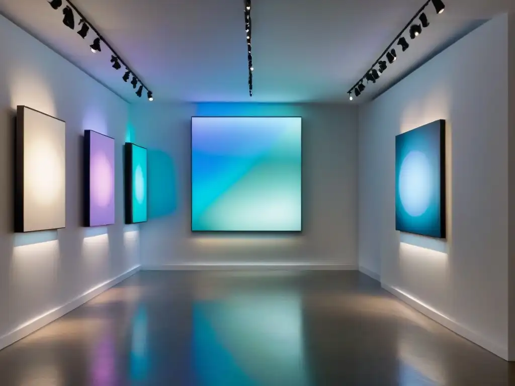 Una galería de arte contemporáneo iluminada estratégicamente, realzando la colección con juegos de luz y sombra