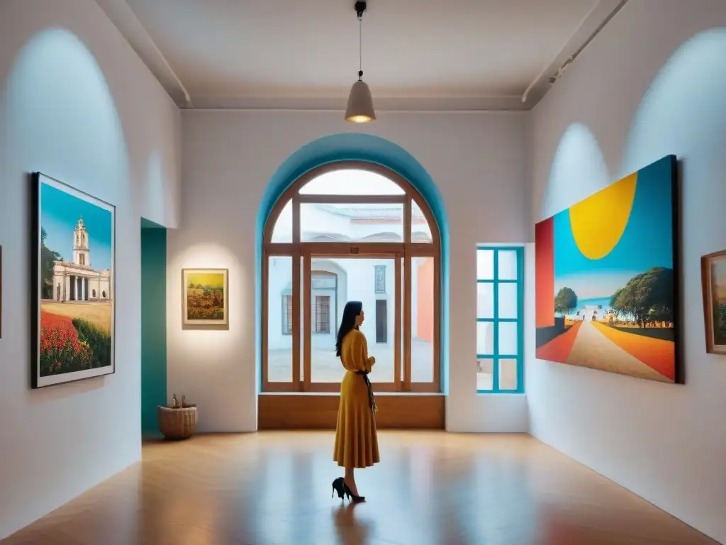 Una galería de arte contemporáneo en Uruguay llena de coloridas obras de artistas locales, creando un ambiente inspirador