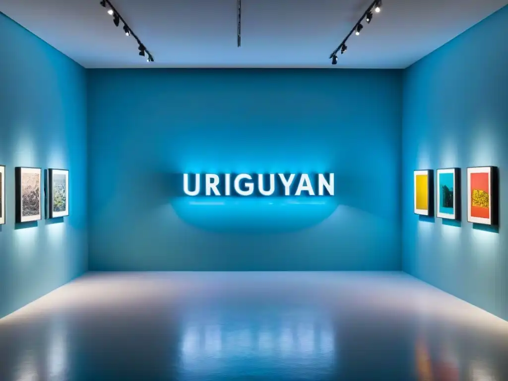 Una galería de arte contemporáneo en Uruguay llena de coloridas obras de arte y visitantes admirando las piezas con asombro y curiosidad