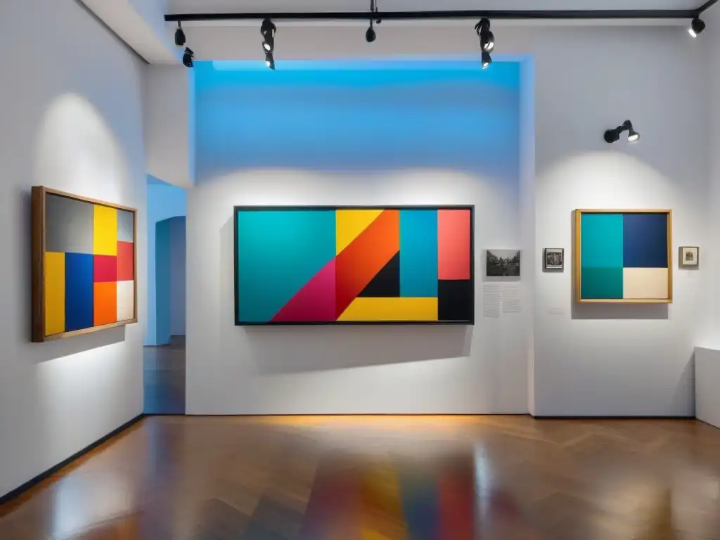 Explora una galería de arte contemporáneo en Montevideo, Uruguay, donde se exhiben pinturas y esculturas abstractas coloridas de artistas locales