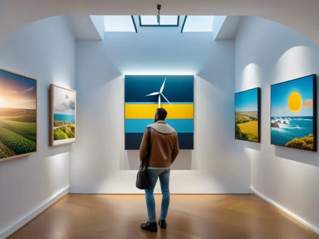 Galería de arte contemporáneo uruguayo con energía renovable en vibrantes pinturas de gran escala