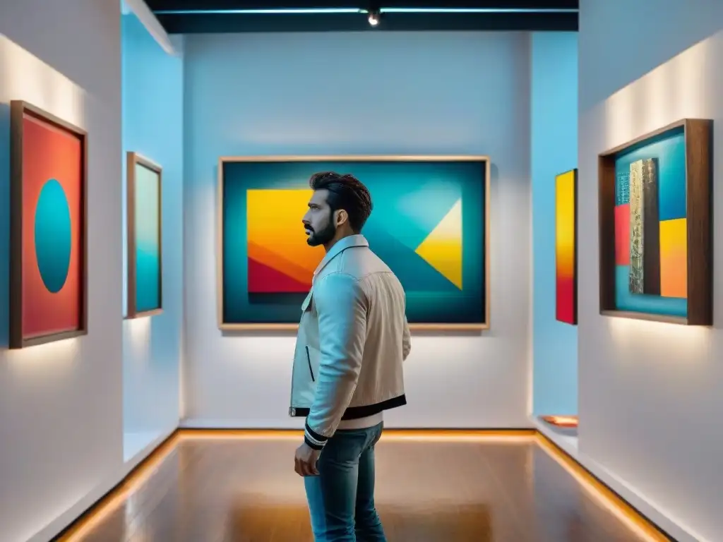 Una galería de arte contemporáneo en Montevideo, Uruguay, con vibrantes pinturas abstractas colgadas en paredes blancas