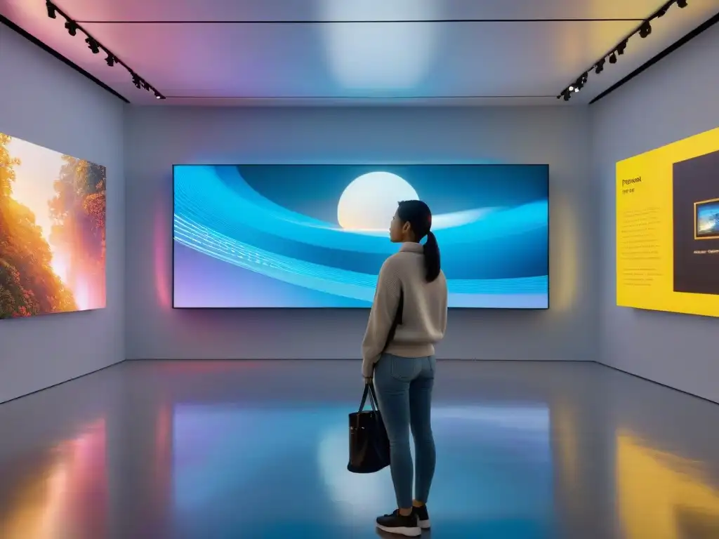 Explora la galería de arte digital futurista con archivos digitales arte contemporáneo en un ambiente inmersivo y sereno