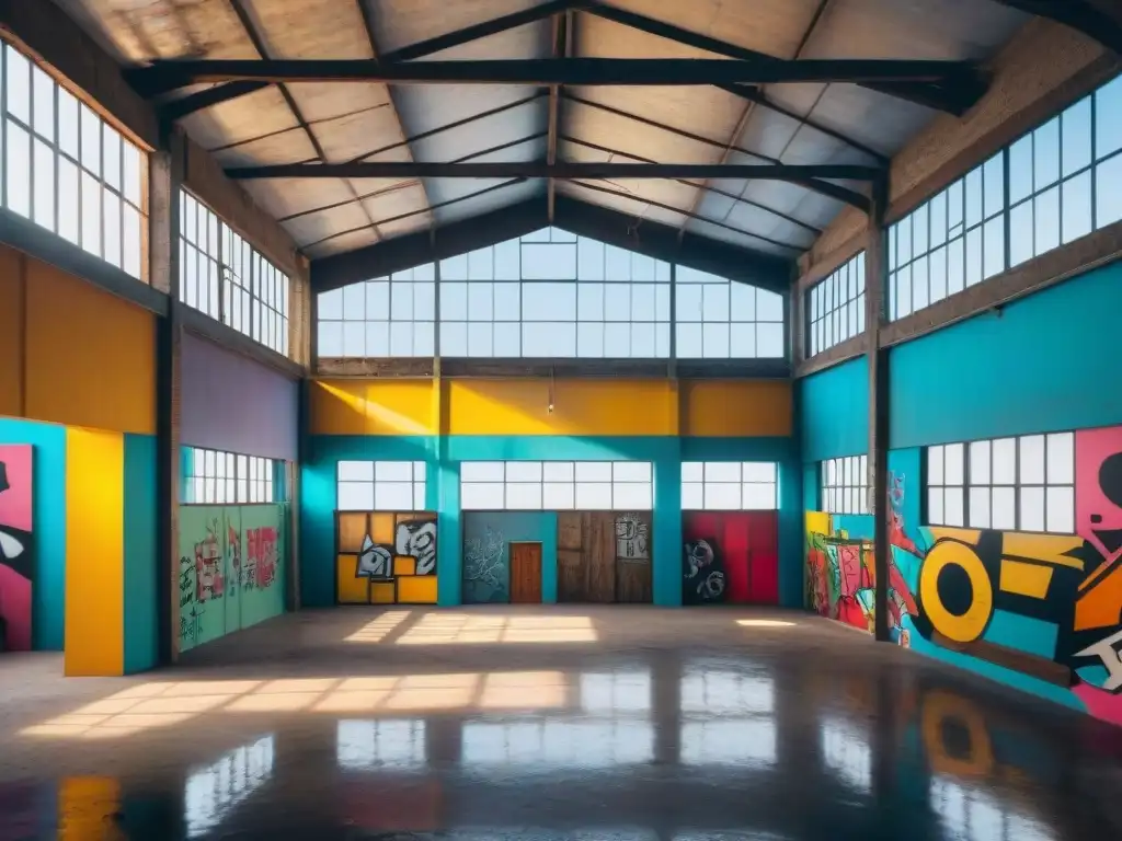 Una galería de arte dinámica y colorida en un almacén abandonado en Uruguay, reflejando la transformación de espacios abandonados Uruguay