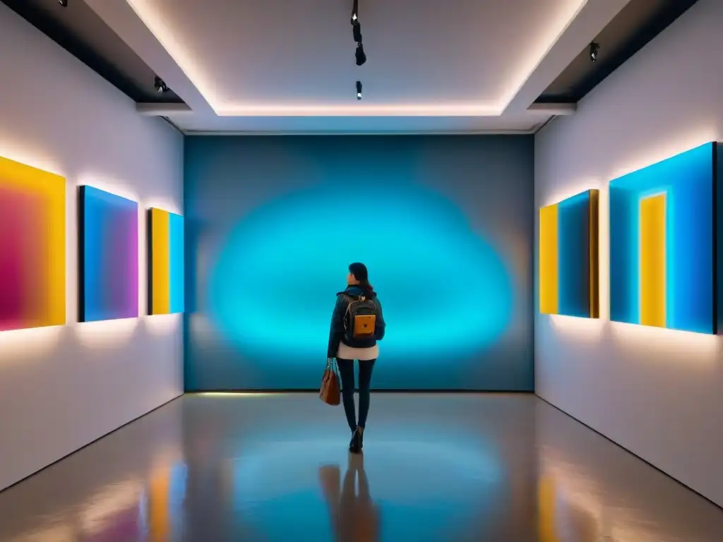 Una galería de arte futurista con archivos digitales arte contemporáneo en exhibición, iluminada en tonos suaves y vibrantes