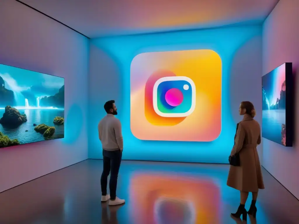 Una galería de arte futurista con obras de Inteligencia Artificial en arte contemporáneo, iluminada en colores vibrantes y detallados