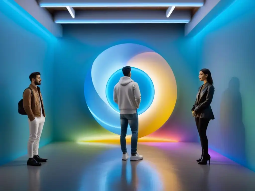 Una galería de arte futurista con obras de IA, luces coloridas crean atmósfera innovadora