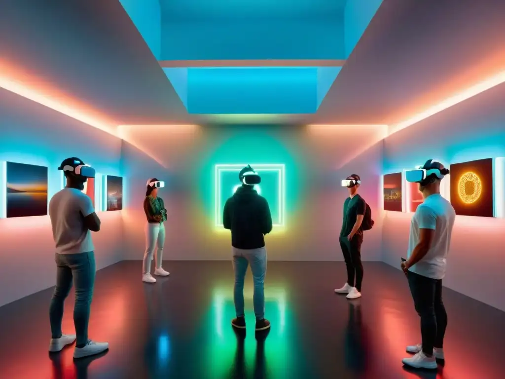 Una galería de arte futurista en realidad virtual, fusionando obras tradicionales y contemporáneas