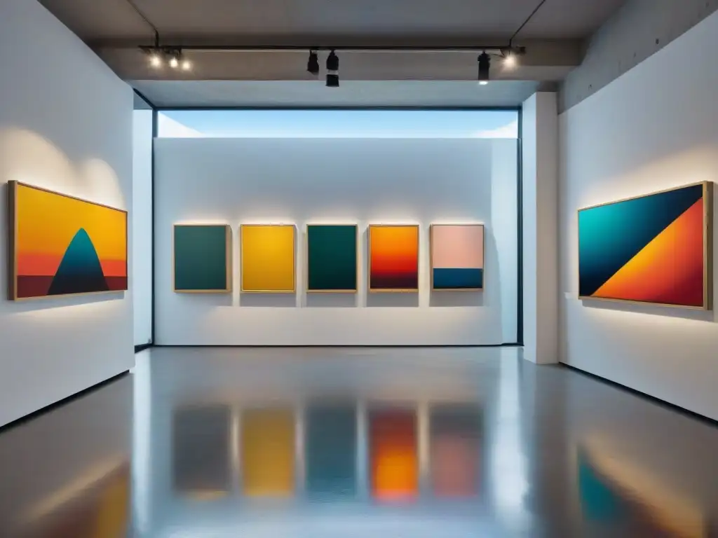 Una galería de arte moderno vibrante, con pinturas abstractas coloridas de destacados artistas contemporáneos uruguayos