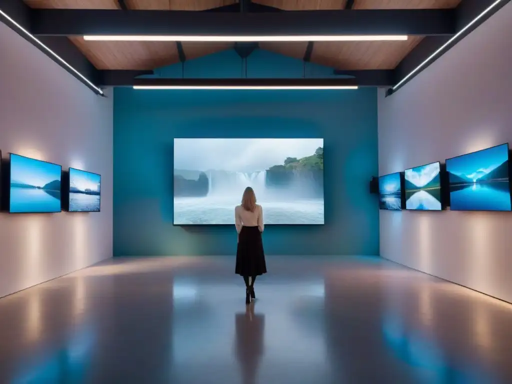 Una galería de arte en Uruguay con videoarte contemporáneo, luces futuristas y espíritu innovador