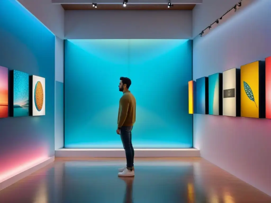 Exposición futurista de arte: IA y creatividad uruguaya Una galería futurista llena de arte generado por IA de artistas uruguayos