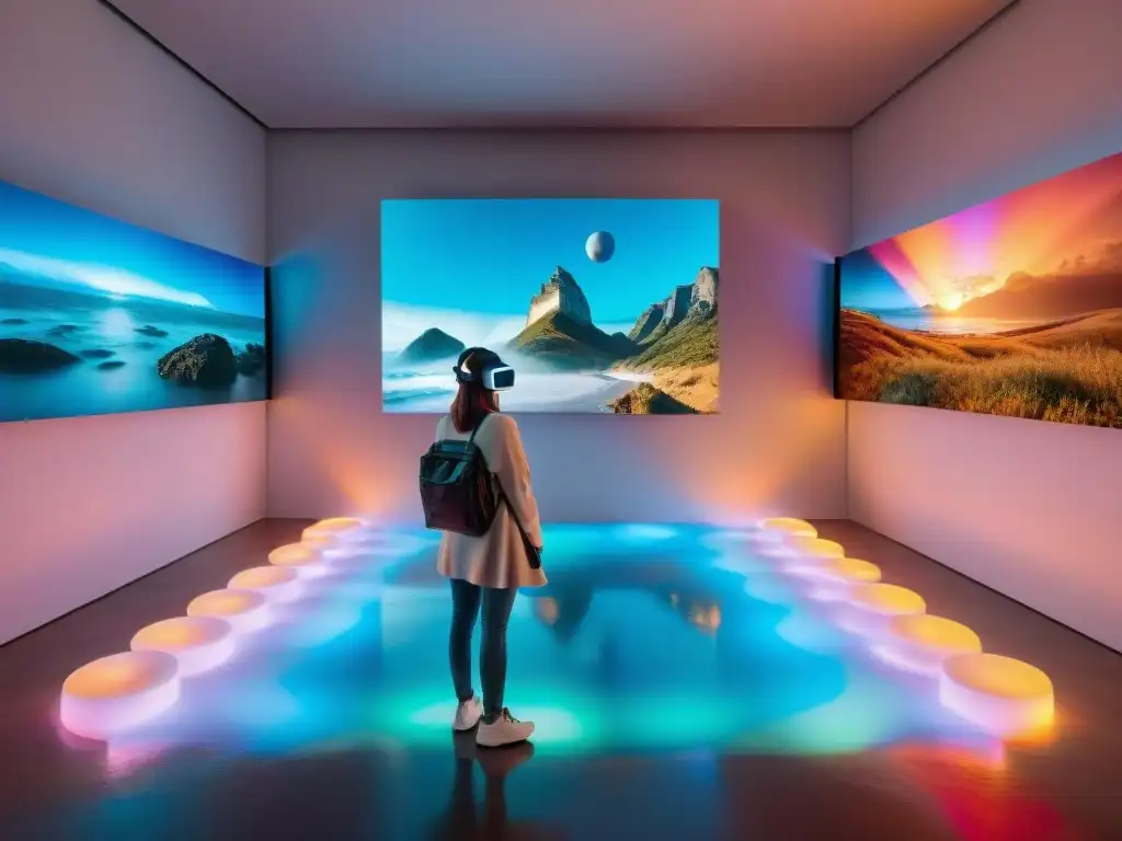 Una galería virtual futurista en Uruguay con arte digital y visitantes interactuando con exhibiciones, fusionando lo físico y lo virtual