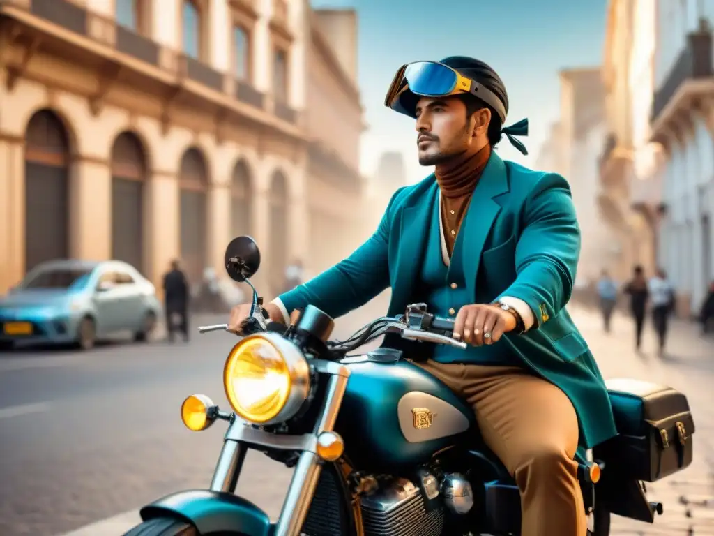 Un gaucho uruguayo montando una moto futurista en una ciudad