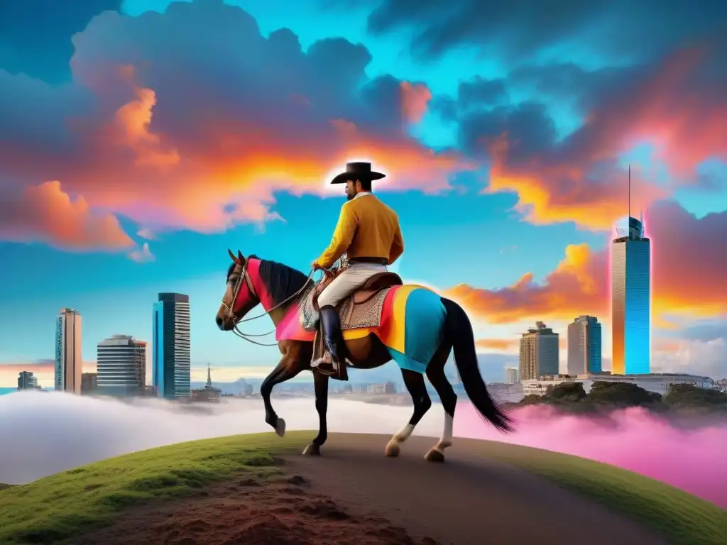 Un gaucho uruguayo en un paisaje digital futurista de Montevideo