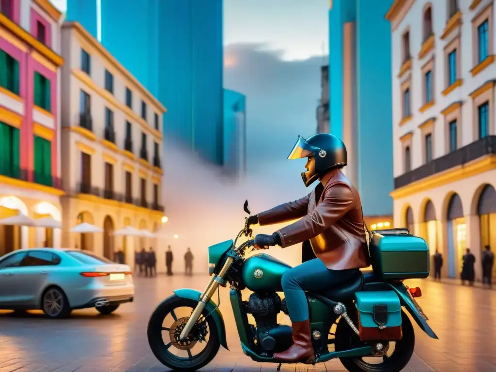 Un gaucho uruguayo tradicional monta una moto futurista en la ciudad, fusionando dualidades en el arte contemporáneo uruguayo