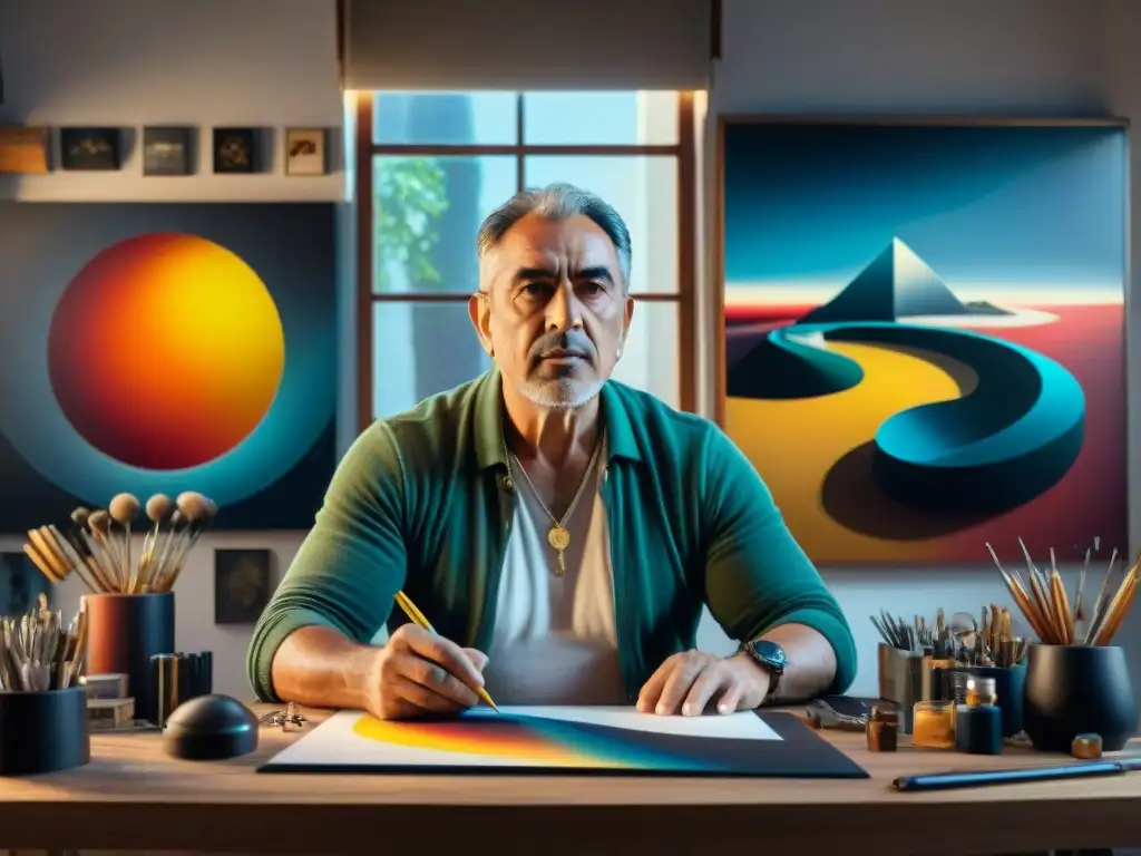 El genio creativo Joaquín Torres García en su estudio rodeado de sus icónicas obras de arte vanguardista