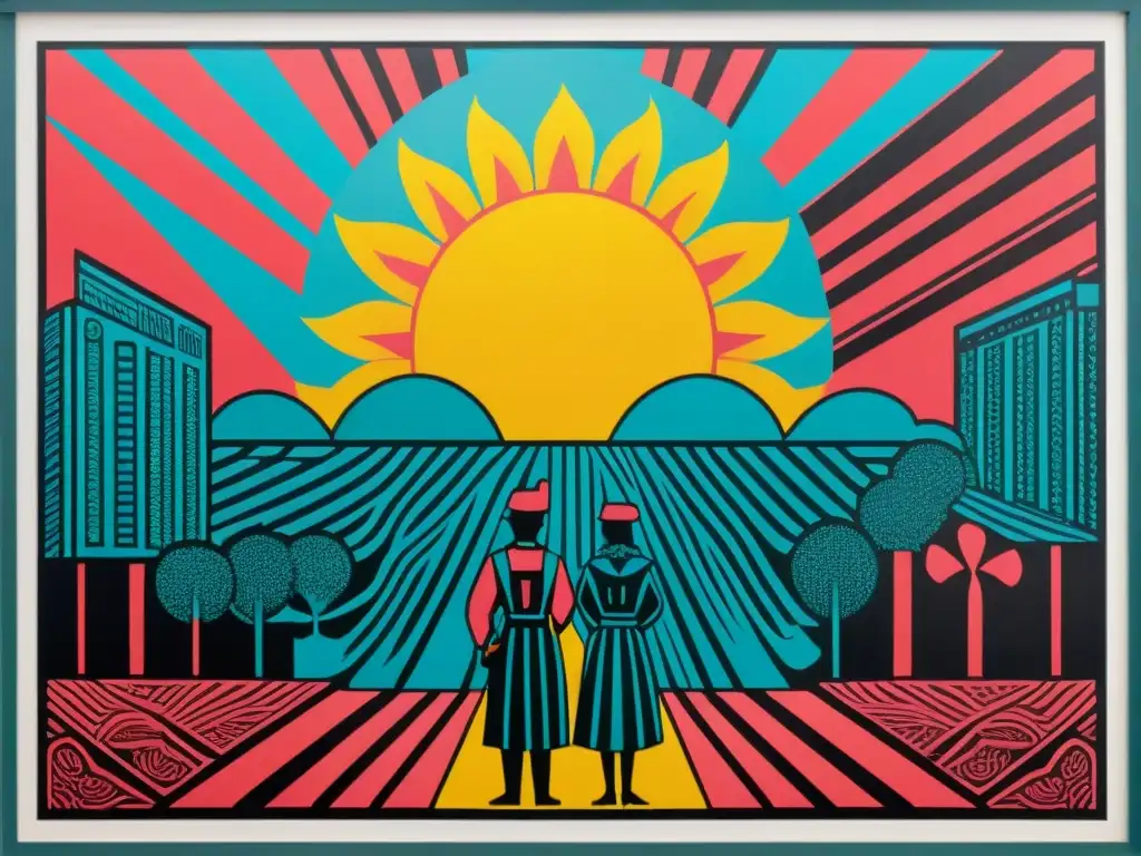 Un grabado linocut fusiona símbolos uruguayos con patrones modernos y colores vibrantes, reflejando el Renacimiento del grabado en Uruguay