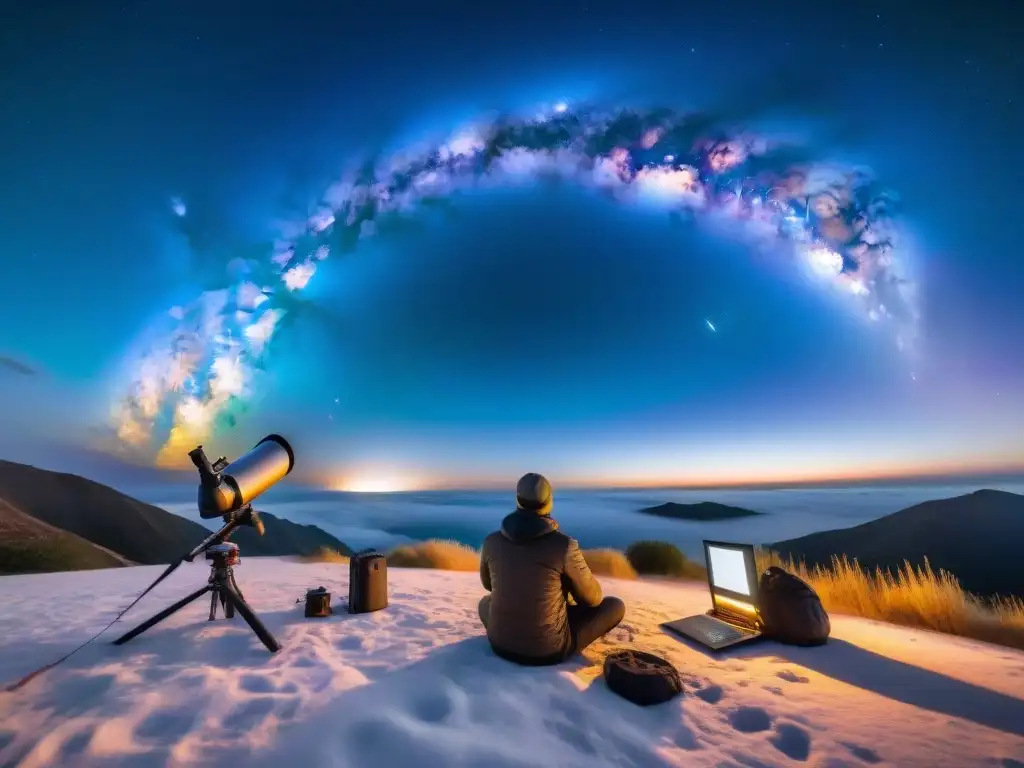 Un grupo de apasionados astrofotógrafos uruguayos montando sus telescopios bajo un cielo estrellado, con la Vía Láctea sobre ellos