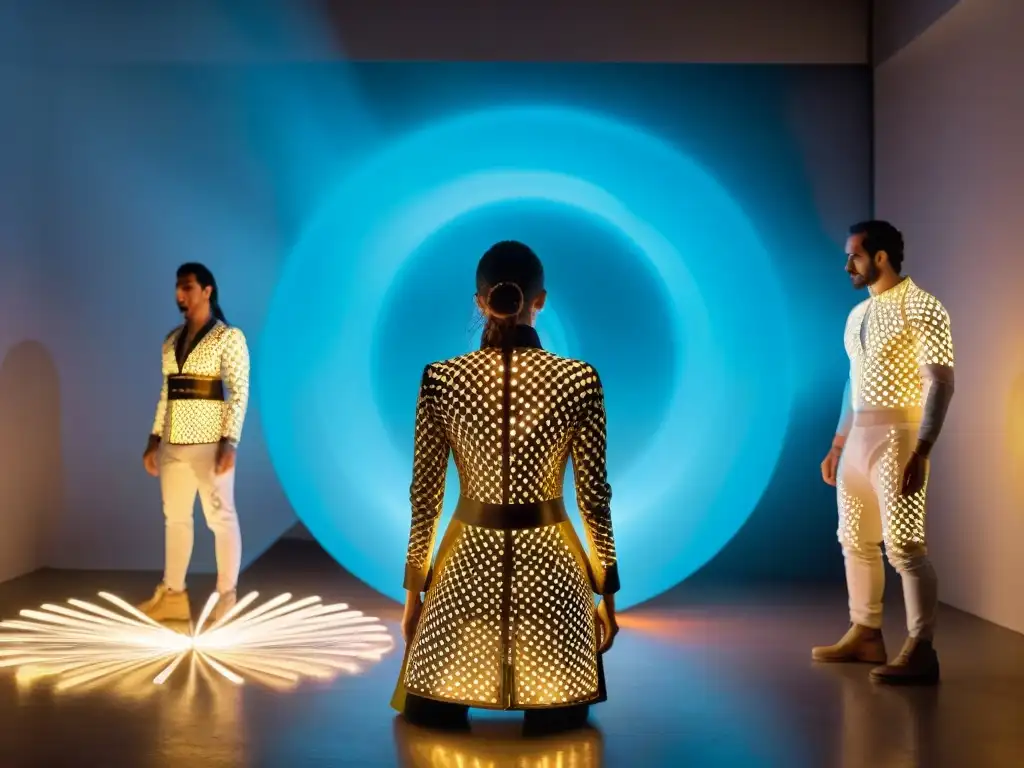 Grupo de artistas de arte performance contemporáneo de Uruguay en instalación interactiva futurista con proyecciones de luz y trajes vanguardistas