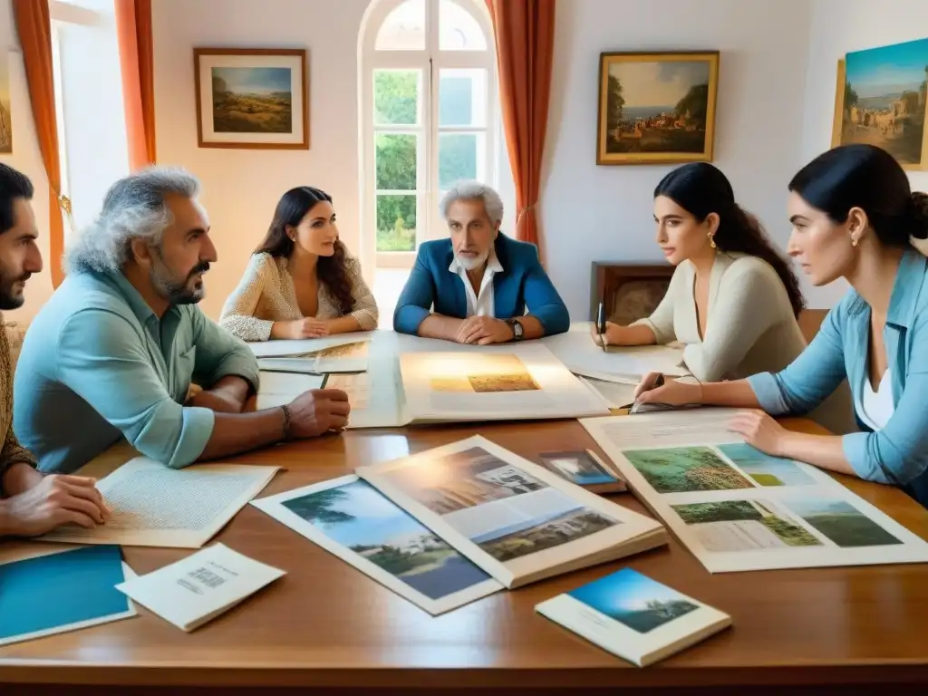 Un grupo de artistas contemporáneos uruguayos se reúnen alrededor de una mesa llena de archivos históricos y materiales de arte, inmersos en una animada discusión creativa