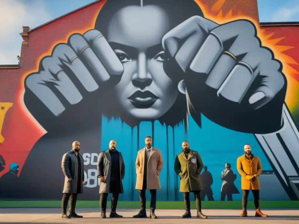 Un grupo de artistas desafiantes frente a un mural político con símbolos de resistencia, en la dictadura uruguaya