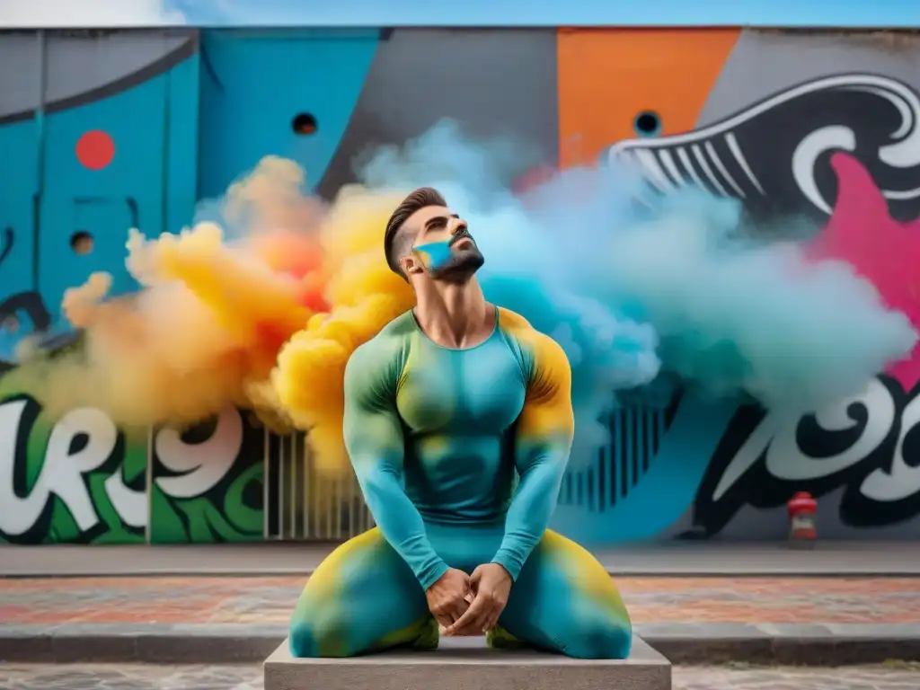 Grupo de artistas en Uruguay realizando performance de arte contemporáneo con body paint vibrante, contra graffiti urbano