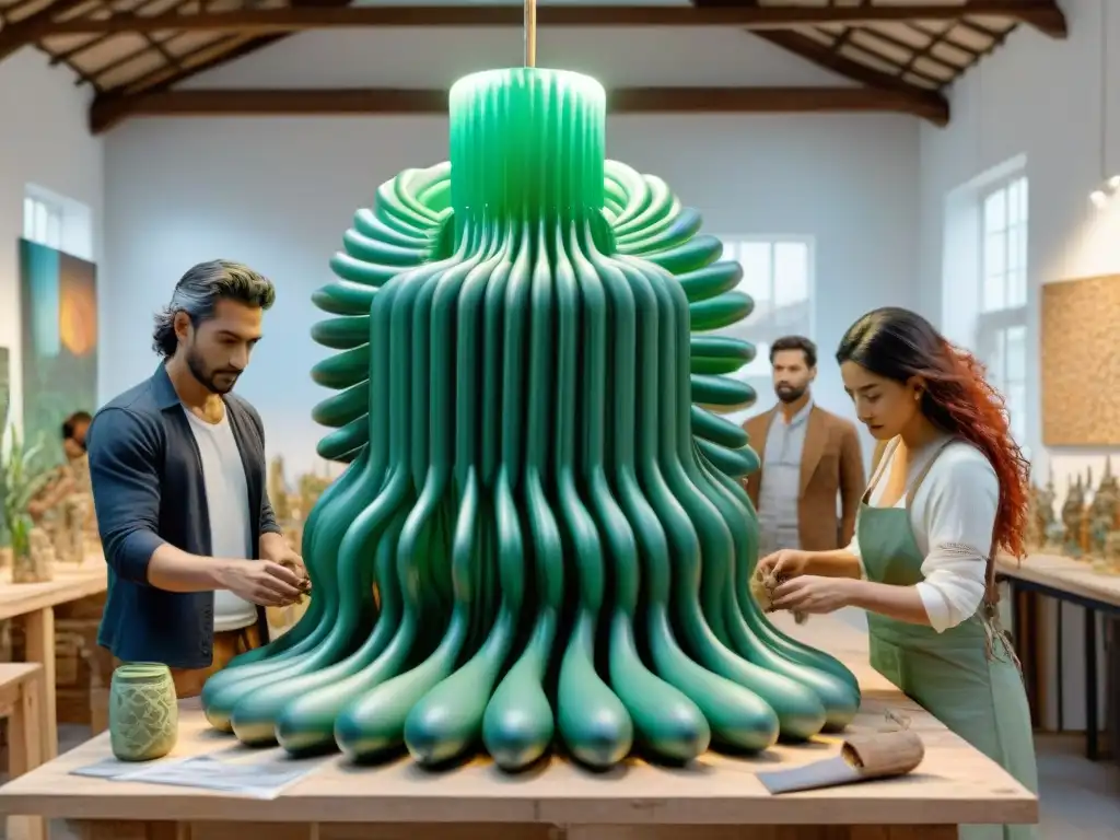 Grupo de artistas uruguayos creando esculturas con materiales reciclados en un estudio de arte iluminado, destacando la educación artística en Uruguay