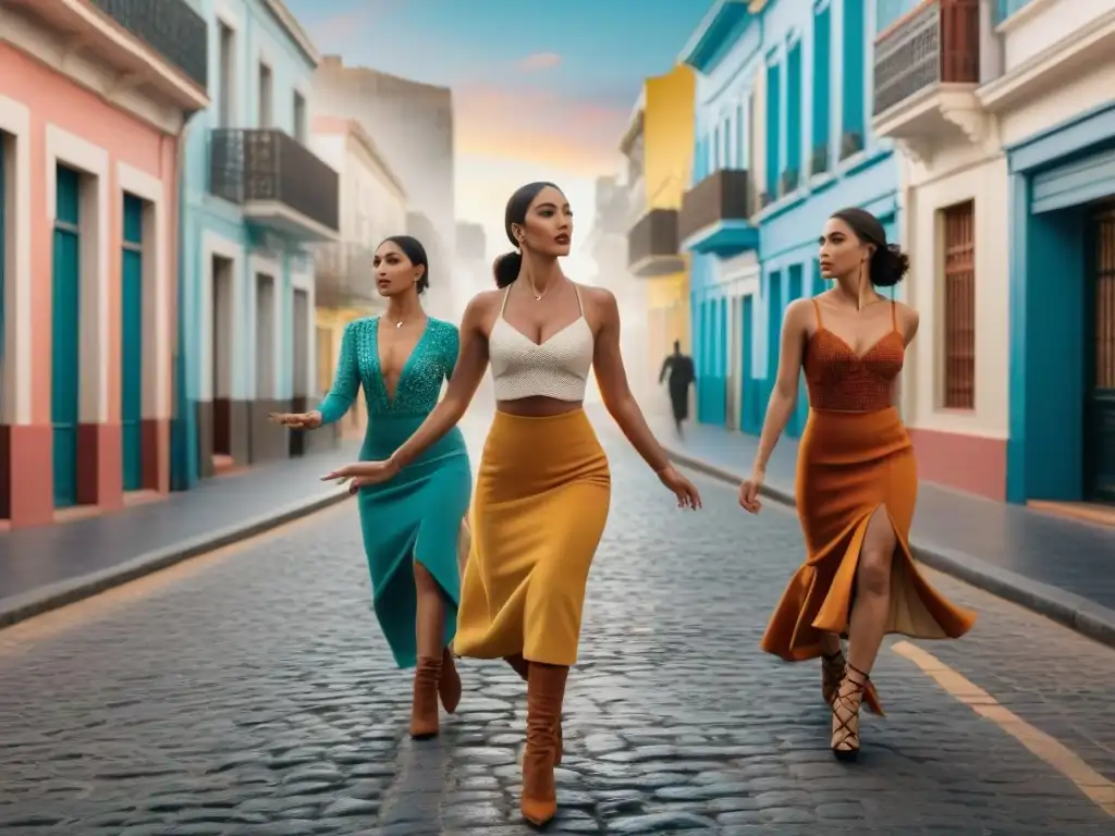 Grupo de bailarines contemporáneos en Montevideo, Uruguay, danzando frente a arquitectura colonial al atardecer