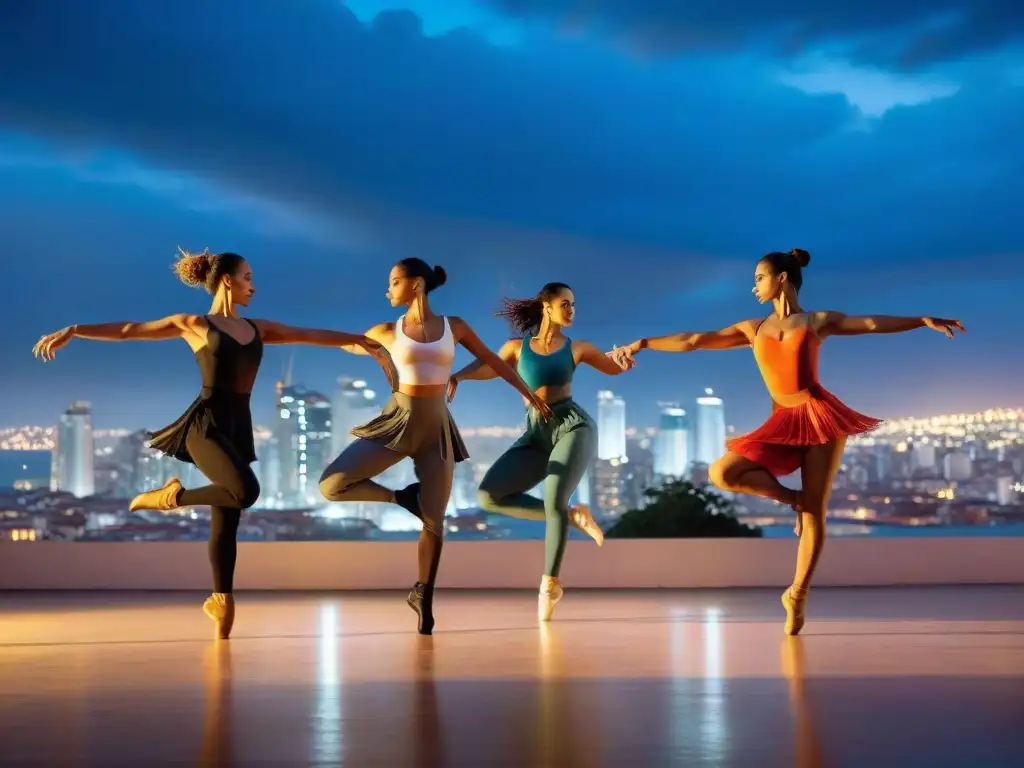 Grupo de bailarines contemporáneos en saltos y poses enérgicas, fusionando tradición e innovación en proyectos de danza contemporánea en Uruguay