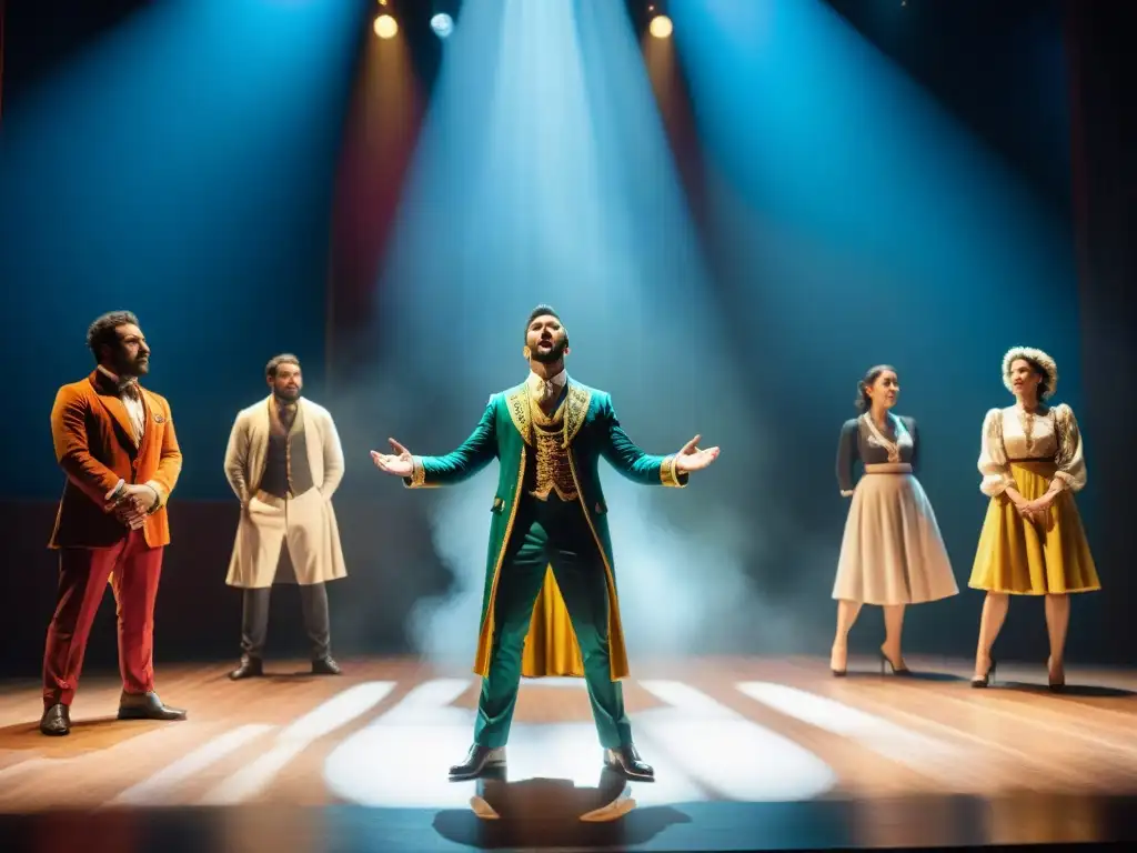 Grupo diverso de actores en escena, representando impacto social en el teatro uruguayo con vestuarios coloridos y dinámica iluminación