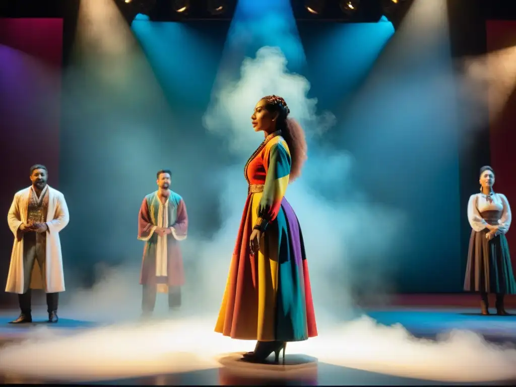 Grupo diverso de actores en escenario vibrante, representando la rica diversidad del teatro como espejo social uruguayo