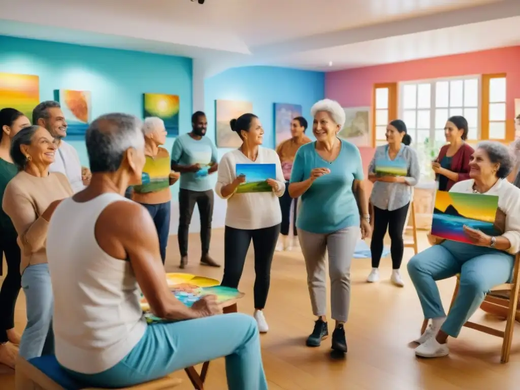 Grupo diverso disfruta del arte terapia en centro comunitario en Uruguay, transmitiendo impacto positivo del arte