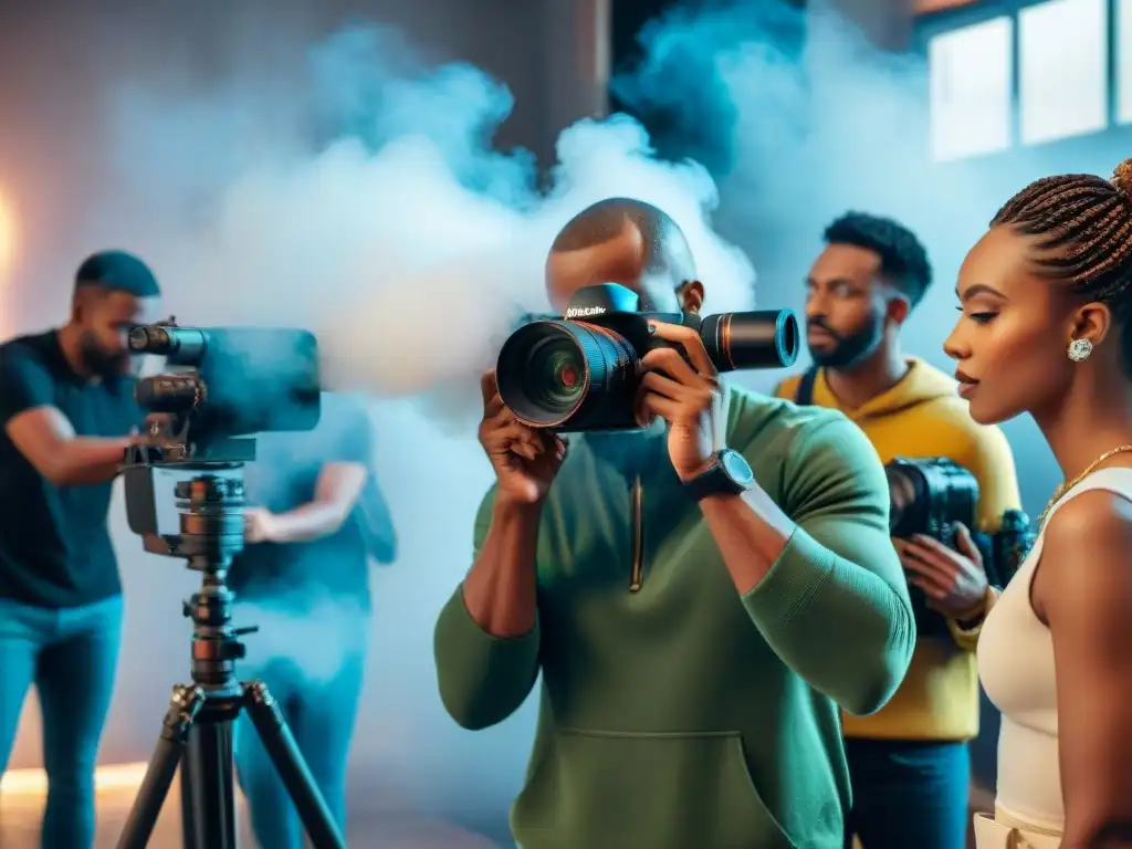 Grupo diverso de artistas emergentes en un taller de fotografía contemporánea en Uruguay, experimentando creativamente con cámaras y fondos vibrantes