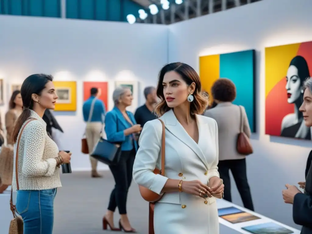 Grupo diverso de artistas femeninas en feria de arte en Uruguay, creando una atmósfera dinámica e inspiradora