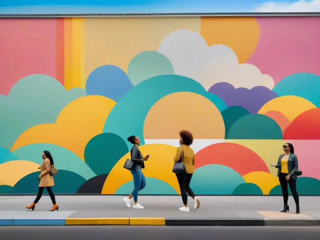 Un grupo diverso de artistas pinta un mural juntos en la ciudad, simbolizando la equidad en galerías de arte